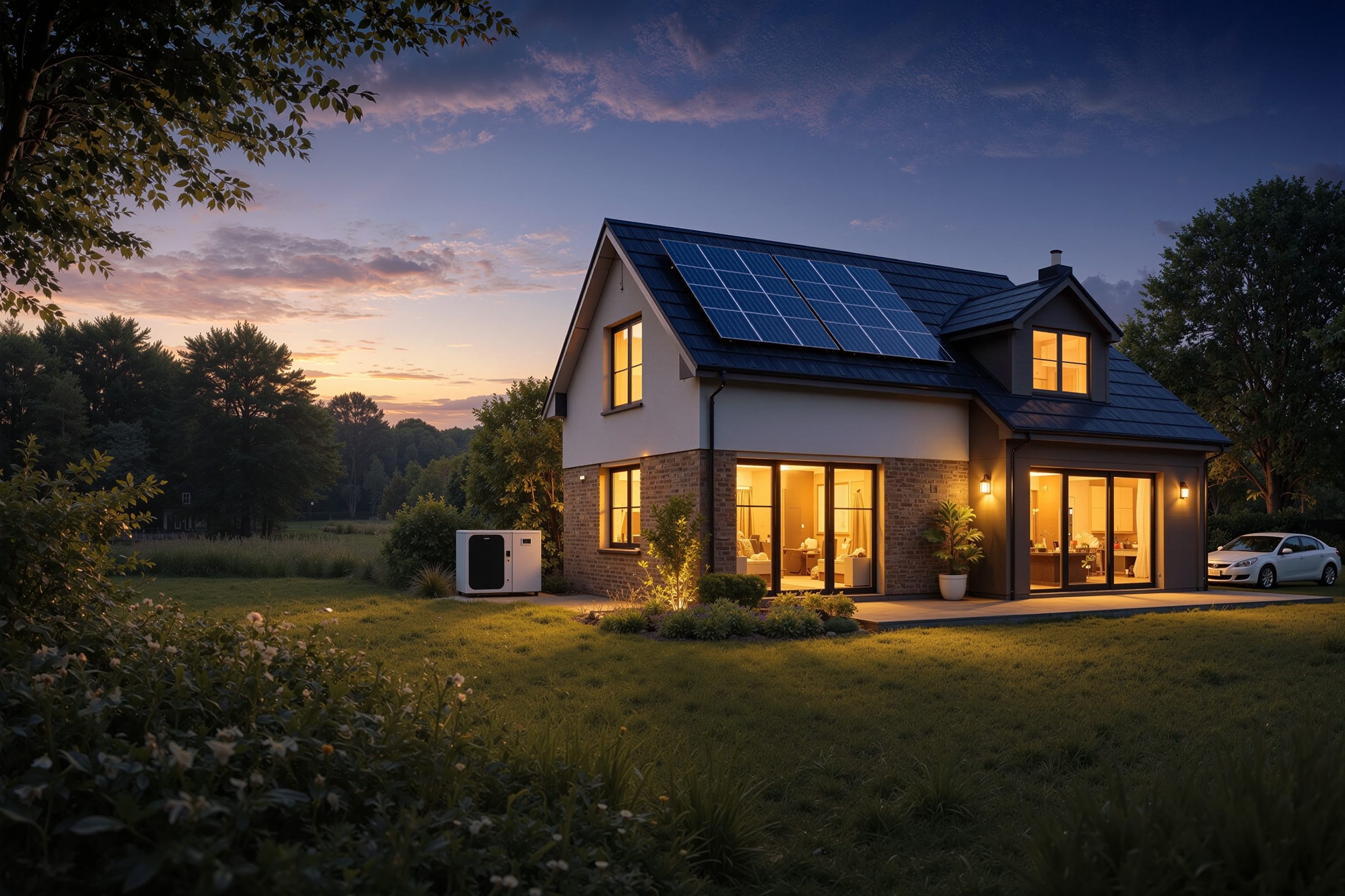 House with solar panels at dusk, warm lighting.